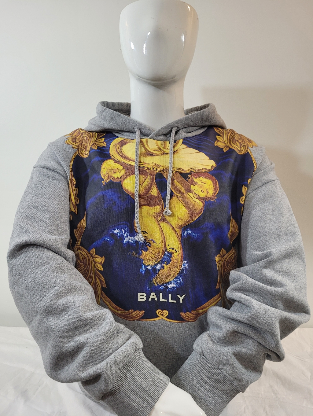 Bally Gray Hoodie With Blue And Gold Baroque Cherub Panel Szes Xxl